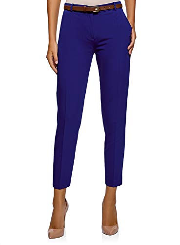 oodji Collection Mujer Pantalones Ajustados con Cinturón, Azul, ES 46 / XXL