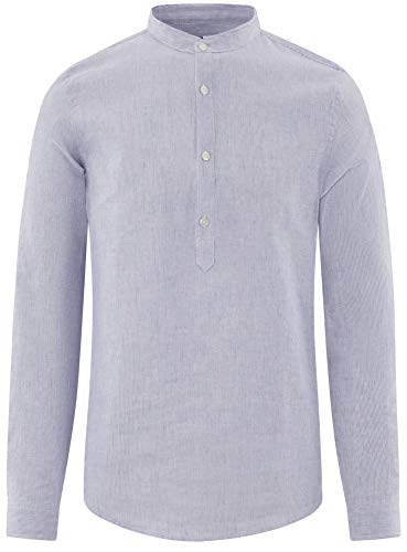 oodji Ultra Hombre Camisa de Lino con Cuello Mao, Azul, 52-54