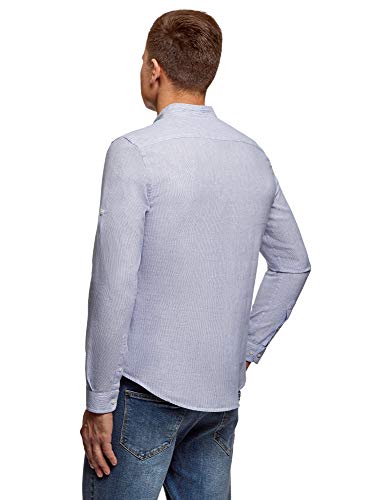 oodji Ultra Hombre Camisa de Lino con Cuello Mao, Azul, 52-54