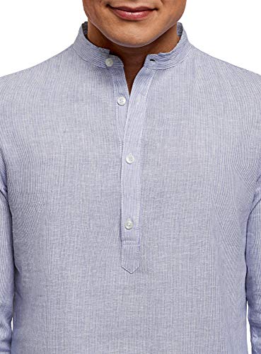 oodji Ultra Hombre Camisa de Lino con Cuello Mao, Azul, 52-54