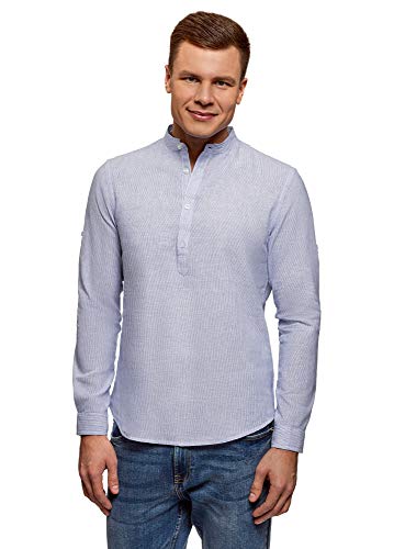 oodji Ultra Hombre Camisa de Lino con Cuello Mao, Azul, 52-54