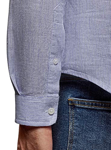 oodji Ultra Hombre Camisa de Lino con Cuello Mao, Azul, 52-54