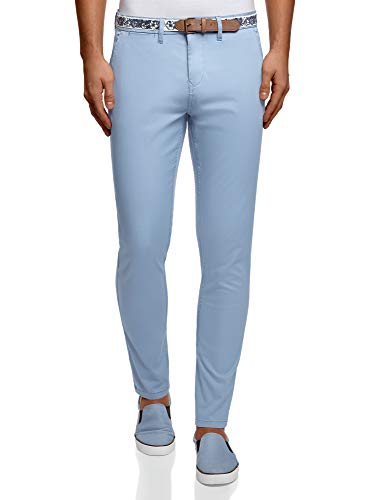 oodji Ultra Hombre Pantalones Chinos con Cinturón, Azul, 42
