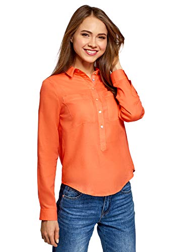 oodji Ultra Mujer Camisa Ancha de Algodón, Naranja, ES 42 / L