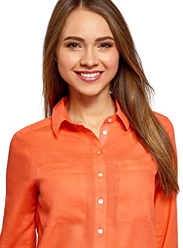 oodji Ultra Mujer Camisa Ancha de Algodón, Naranja, ES 42 / L