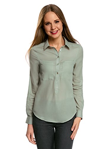 oodji Ultra Mujer Camisa Ancha de Algodón, Verde, ES 40 / M
