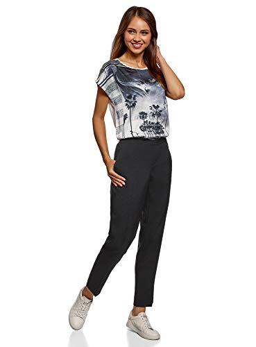 oodji Ultra Mujer Pantalones Recortados con Cintura Elástica, Negro, ES 36 / XS