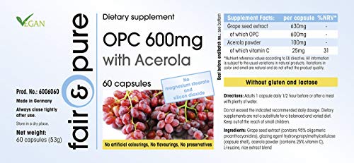 OPC 600mg con Acerola en Cápsulas - Vegano - Extracto de Semilla de Uva con vitamina C - Vegano - Alta pureza - 60 Cápsulas