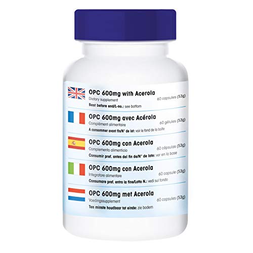 OPC 600mg con Acerola en Cápsulas - Vegano - Extracto de Semilla de Uva con vitamina C - Vegano - Alta pureza - 60 Cápsulas