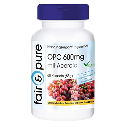 OPC 600mg con Acerola en Cápsulas - Vegano - Extracto de Semilla de Uva con vitamina C - Vegano - Alta pureza - 60 Cápsulas