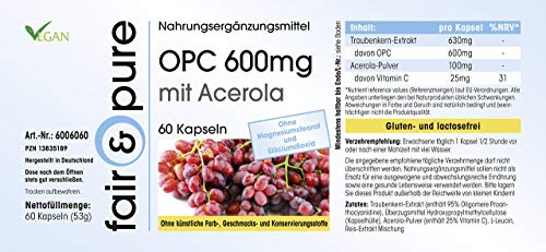 OPC 600mg con Acerola en Cápsulas - Vegano - Extracto de Semilla de Uva con vitamina C - Vegano - Alta pureza - 60 Cápsulas