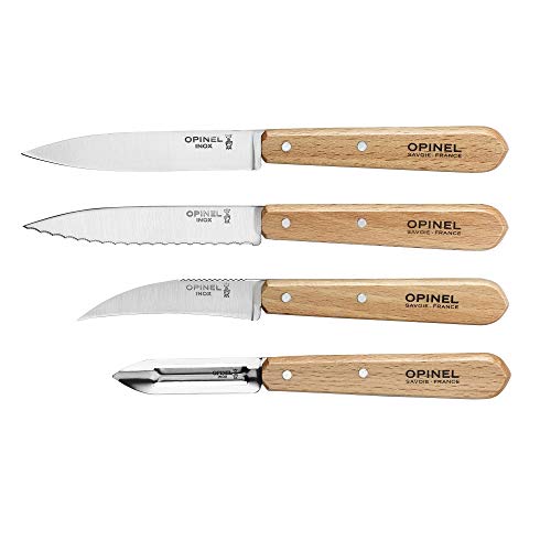 Opinel Estuche de Esenciales Mango de Haya barnizada Natural, N° 112 patatero, N°113 dentado, N°114 Cuchillo para verdura, N°115 pelador 001300, Madera, marrón