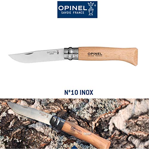 Opinel Tadition N° 10 - Cuchillo (acero inoxidable, mango de haya de 13 cm, virola de seguridad giratoria)