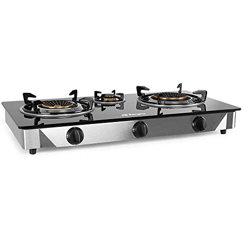 Orbegozo 17540 Hornillo a Gas, Cuerpo INOX y Superficie de Cristal Templado Negro (7mm) FO 3520