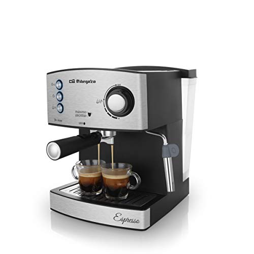 Orbegozo EX 3050 Cafetera espresso con bomba italiana de 20 bares de presión, frontal de acero inoxidable, 850 W, 2 cups, Negro mate