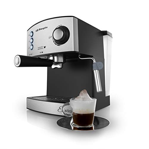 Orbegozo EX 3050 Cafetera espresso con bomba italiana de 20 bares de presión, frontal de acero inoxidable, 850 W, 2 cups, Negro mate
