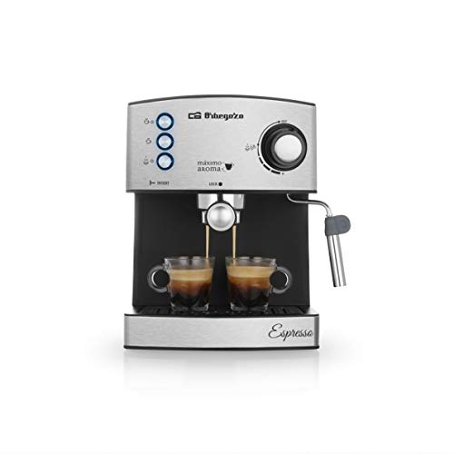 Orbegozo EX 3050 Cafetera espresso con bomba italiana de 20 bares de presión, frontal de acero inoxidable, 850 W, 2 cups, Negro mate