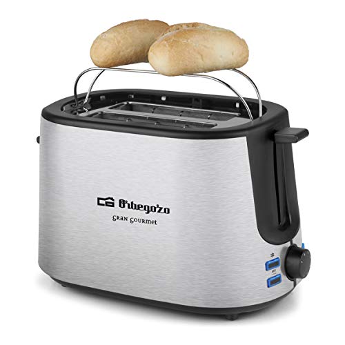 Orbegozo TO 5020 - Tostadora de pan 2 ranuras, carcasa de acero inoxidable, 7 niveles de potencia, calienta panecillos integrado, función descongelado y recalentamiento, 1000 W