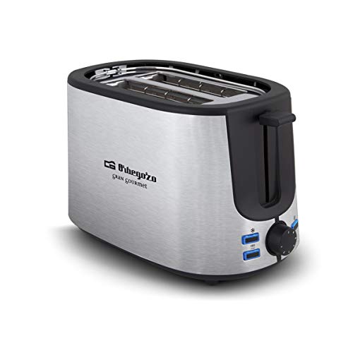Orbegozo TO 5020 - Tostadora de pan 2 ranuras, carcasa de acero inoxidable, 7 niveles de potencia, calienta panecillos integrado, función descongelado y recalentamiento, 1000 W