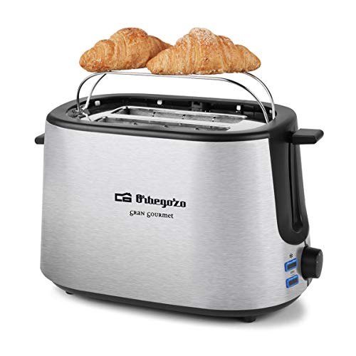 Orbegozo TO 5020 - Tostadora de pan 2 ranuras, carcasa de acero inoxidable, 7 niveles de potencia, calienta panecillos integrado, función descongelado y recalentamiento, 1000 W