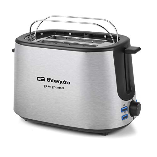 Orbegozo TO 5020 - Tostadora de pan 2 ranuras, carcasa de acero inoxidable, 7 niveles de potencia, calienta panecillos integrado, función descongelado y recalentamiento, 1000 W
