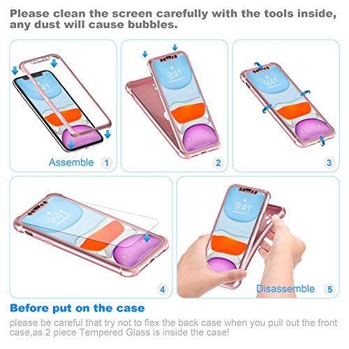 ORETECH Funda iPhone 11, Carcasa iPhone 11 con [ 2 x Protector de Pantalla de Vidrio Cristal Templado] 360° Carcasa Silicona Ligera Delgado PC PU Bumper Rubber Caso para iPhone 11 Case 6.1''-Oro Rosa