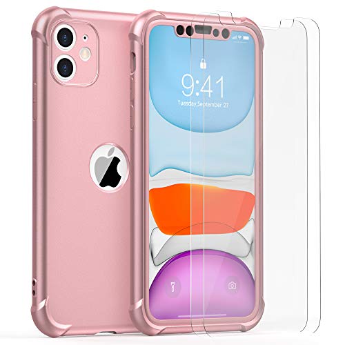 ORETECH Funda iPhone 11, Carcasa iPhone 11 con [ 2 x Protector de Pantalla de Vidrio Cristal Templado] 360° Carcasa Silicona Ligera Delgado PC PU Bumper Rubber Caso para iPhone 11 Case 6.1''-Oro Rosa