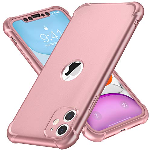 ORETECH Funda iPhone 11, Carcasa iPhone 11 con [ 2 x Protector de Pantalla de Vidrio Cristal Templado] 360° Carcasa Silicona Ligera Delgado PC PU Bumper Rubber Caso para iPhone 11 Case 6.1''-Oro Rosa