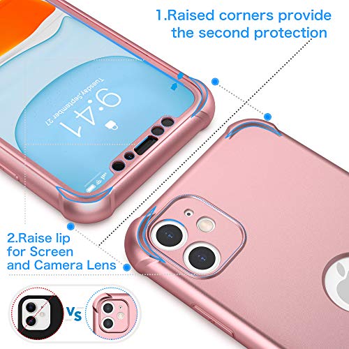 ORETECH Funda iPhone 11, Carcasa iPhone 11 con [ 2 x Protector de Pantalla de Vidrio Cristal Templado] 360° Carcasa Silicona Ligera Delgado PC PU Bumper Rubber Caso para iPhone 11 Case 6.1''-Oro Rosa