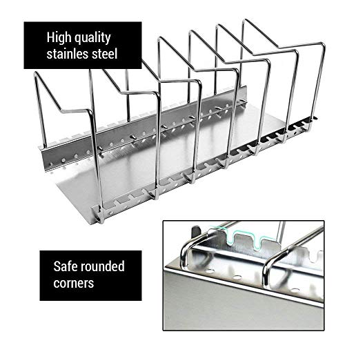 Organizador de sartenes y tapaderas – Soporte de metal cromado con 6 compartimentos para sartenes y tapas de ollas – Organizador de cajones y armarios de cocina