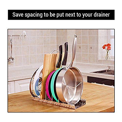 Organizador de sartenes y tapaderas – Soporte de metal cromado con 6 compartimentos para sartenes y tapas de ollas – Organizador de cajones y armarios de cocina