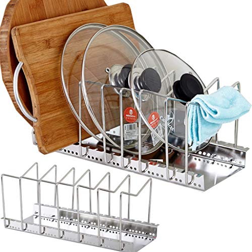Organizador de sartenes y tapaderas – Soporte de metal cromado con 6 compartimentos para sartenes y tapas de ollas – Organizador de cajones y armarios de cocina