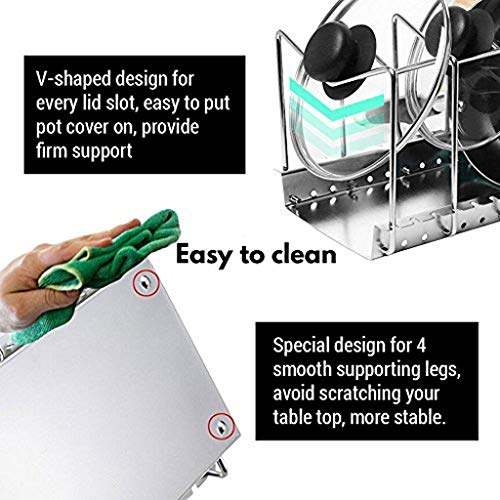 Organizador de sartenes y tapaderas – Soporte de metal cromado con 6 compartimentos para sartenes y tapas de ollas – Organizador de cajones y armarios de cocina