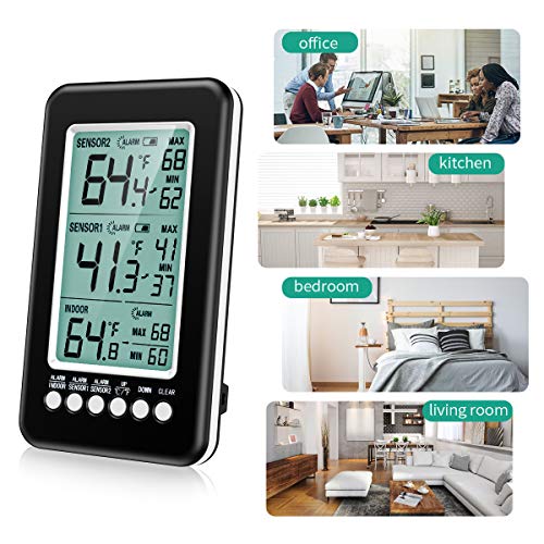 ORIA Digital Termómetro del Refrigerador, Termómetro para Nevera con 2 Sensores Inalámbrico y Alarma Audible, 4.3'' Pantalla LCD, Congelador Termómetro Registro MAX/MIN, USB/Alimentado por Batería
