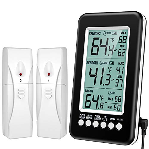 ORIA Digital Termómetro del Refrigerador, Termómetro para Nevera con 2 Sensores Inalámbrico y Alarma Audible, 4.3'' Pantalla LCD, Congelador Termómetro Registro MAX/MIN, USB/Alimentado por Batería