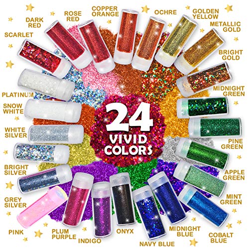 Original Stationery Set de 24 Botes de Purpurina Brillantina para Manualidades (Scrapbooking, Jabón, Slime), Maquillaje (Cara, Uñas y Ojos), Glitter muy Brillante