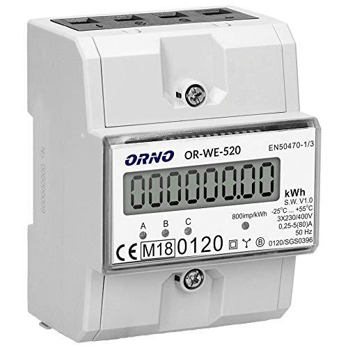 ORNO WE-520 Medidor De Consumo Electrico Trifásica Con Certificado MID 0.25A - 80A, 230v/400v, 50/60hz, 800 Imp/kwh