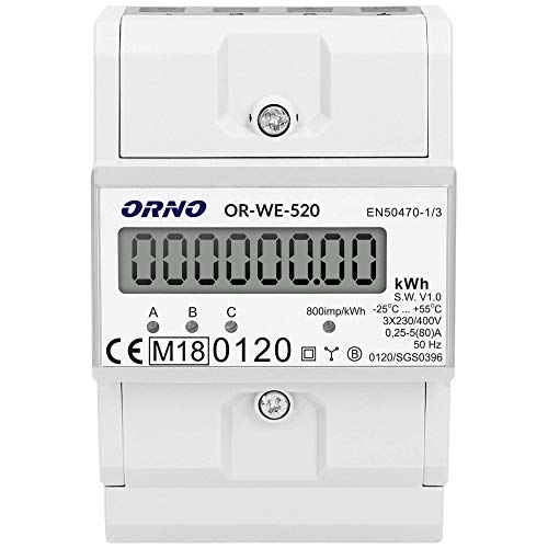 ORNO WE-520 Medidor De Consumo Electrico Trifásica Con Certificado MID 0.25A - 80A, 230v/400v, 50/60hz, 800 Imp/kwh