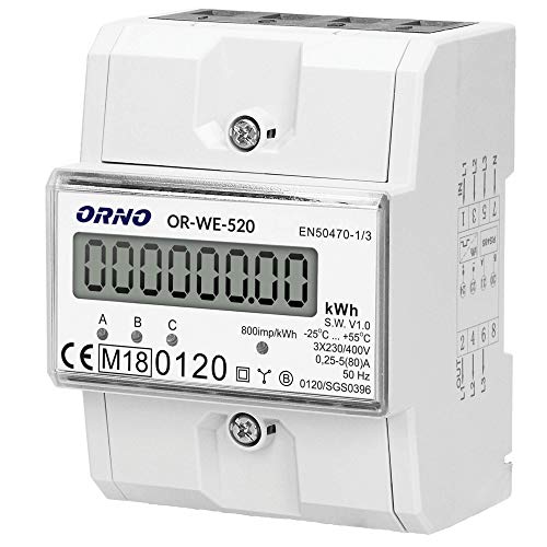 ORNO WE-520 Medidor De Consumo Electrico Trifásica Con Certificado MID 0.25A - 80A, 230v/400v, 50/60hz, 800 Imp/kwh