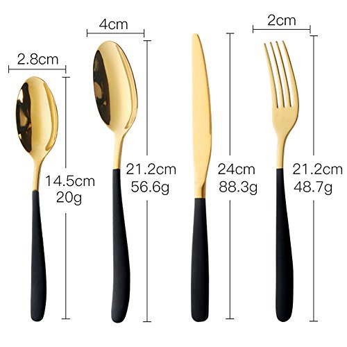 Oro Vajilla con Mango Negro Mostrada, Bisda 4 piezas Cuberteria Lujo Vajilla Servicio para 1