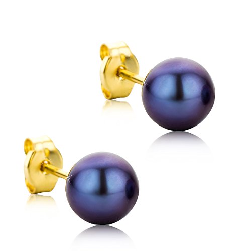 Orovi pendientes de mujer presión Perlas azules 6-6.5 de aguadulce en oro amarillo 9 kilates ley 375