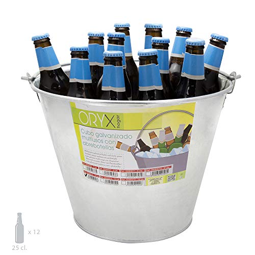 ORYX 5060013 Cubo Zinc Metal Galvanizado Multiusos 10 Litros 28 x 21.5 x 24 (alt.) cm. con Abre Botellas, Plateado