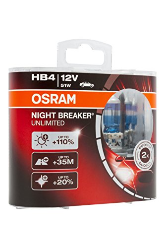 OSRAM NIGHT BREAKER UNLIMITED HB4, lámpara para faros halógena, 9006NBU-HCB, automóvil de 12 V, caja doble (2 unidades)