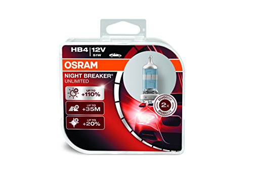 OSRAM NIGHT BREAKER UNLIMITED HB4, lámpara para faros halógena, 9006NBU-HCB, automóvil de 12 V, caja doble (2 unidades)