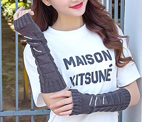 Otoño e invierno señoras gruesas guantes de punto cálido damas de invierno de manga larga guantes de diamantes de imitación sin dedos R123 @ gris oscuro