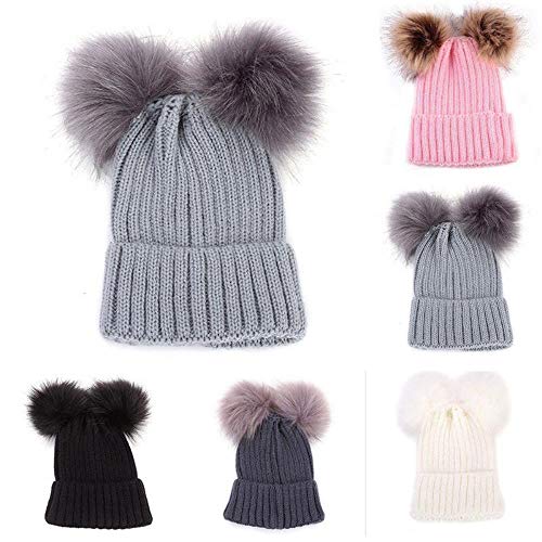 Otoño Invierno Bebé Niños Niñas Sombrero De Pompón De Piel Sintética Gorro Cálido para Mujer Gorro De Punto para Niña Sombreros con Pompón De Bola Doble Niños Bonnet Femme, Blanco, Talla Única