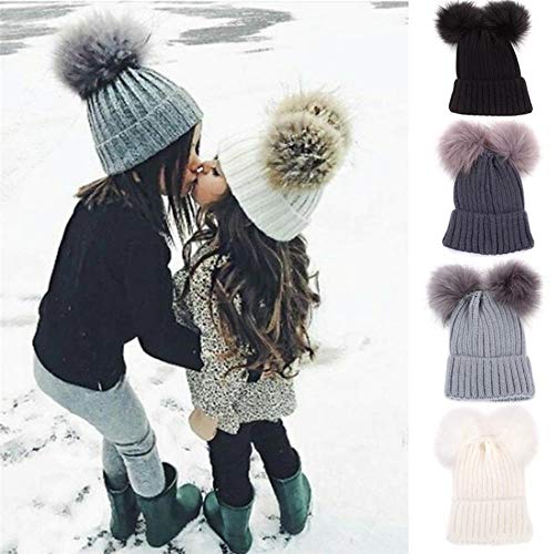 Otoño Invierno Bebé Niños Niñas Sombrero De Pompón De Piel Sintética Gorro Cálido para Mujer Gorro De Punto para Niña Sombreros con Pompón De Bola Doble Niños Bonnet Femme, Blanco, Talla Única