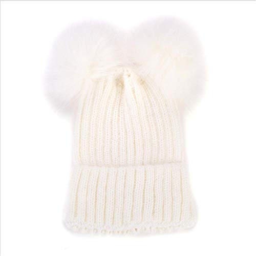 Otoño Invierno Bebé Niños Niñas Sombrero De Pompón De Piel Sintética Gorro Cálido para Mujer Gorro De Punto para Niña Sombreros con Pompón De Bola Doble Niños Bonnet Femme, Blanco, Talla Única