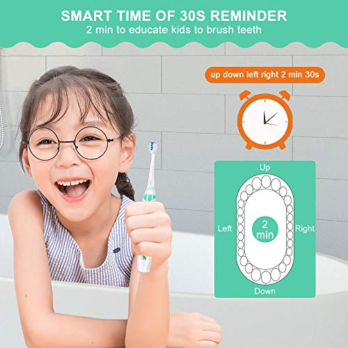 OTraki Cepillo Electrico Dientes para Niños Cepillo Dientes Infantil Impermeable Temporizador Inteligente con LED Luz, Limpieza Dental Toothbrush con 2 Reemplazable Cabezas para Edad 3+ (Verde)