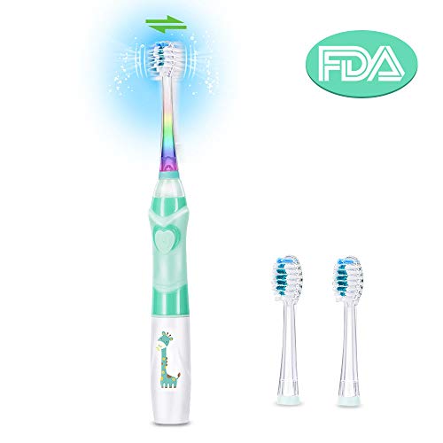OTraki Cepillo Electrico Dientes para Niños Cepillo Dientes Infantil Impermeable Temporizador Inteligente con LED Luz, Limpieza Dental Toothbrush con 2 Reemplazable Cabezas para Edad 3+ (Verde)